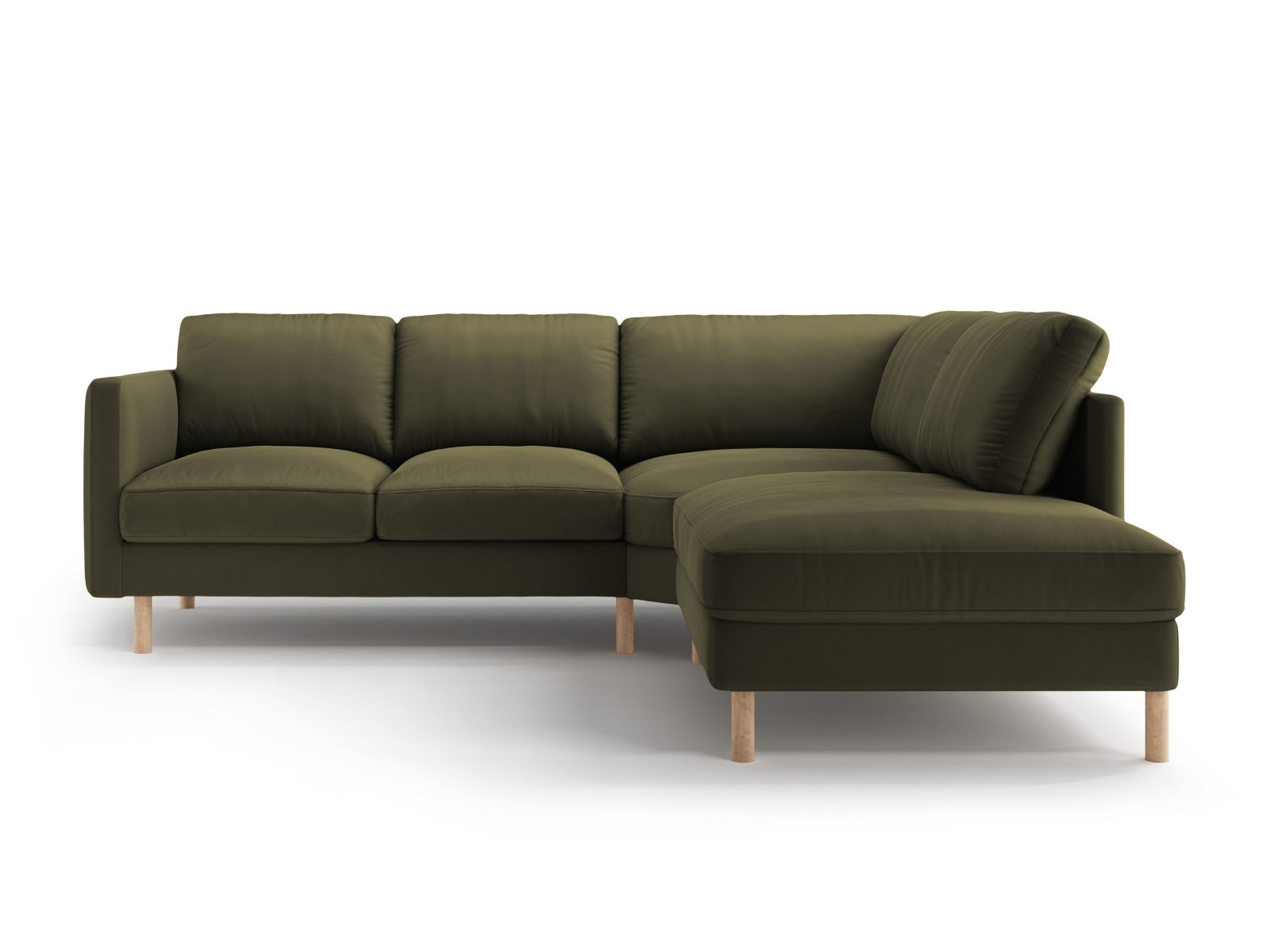 Modernes Eden Velour Ecksofa rechts für 4 Personen in edlem Moss Green Melange, perfekt für gemütliche Abende und stilvolle Einrichtung.