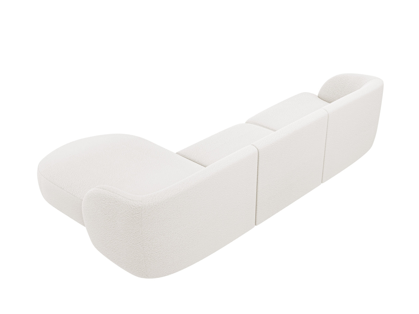 Modernes Miley Boucle Ecksofa in sanftem Weiß, 4-Sitzer, rechtsseitig, perfekt für gemütliche und stilvolle Wohnambiente.