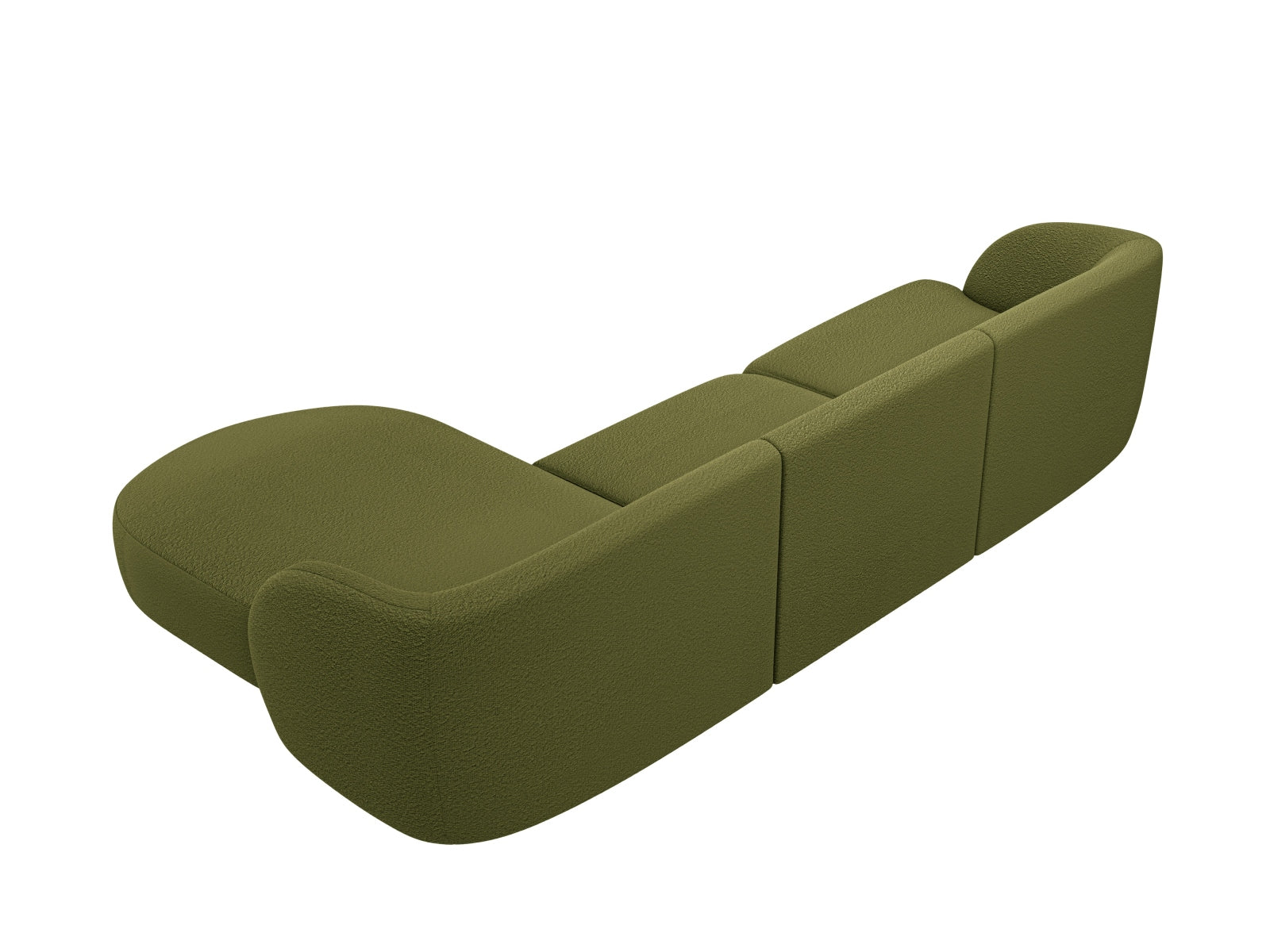 Modernes 4-Sitzer Miley Boucle Ecksofa rechts in tiefem Olivgrün, perfekt für stilvolle Wohnräume und gemütliche Abende.