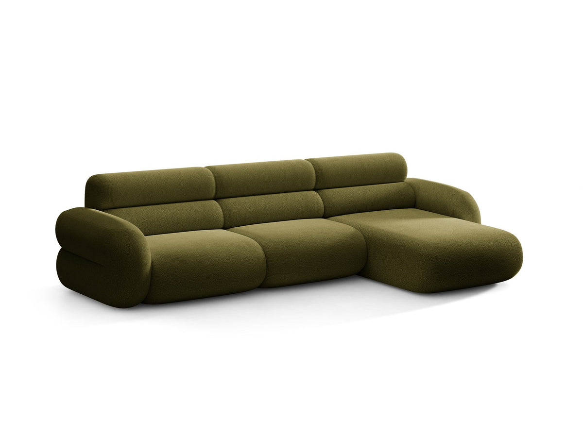Neo Linkes Ecksofa von Micadoni in dunklem Olivgrün, L-Form mit hoher Rückenlehne, strukturiertem Baloo-Stoff und schwarzen Kunststoffbeinen.