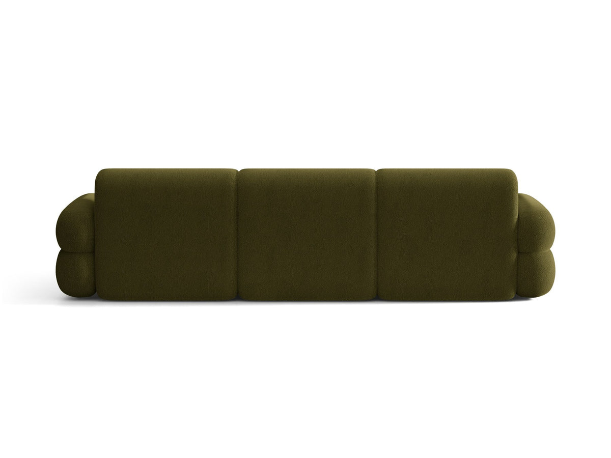 Neo Linkes Ecksofa von Micadoni in dunklem Olivgrün, L-Form mit hoher Rückenlehne, strukturiertem Baloo-Stoff und schwarzen Kunststoffbeinen.