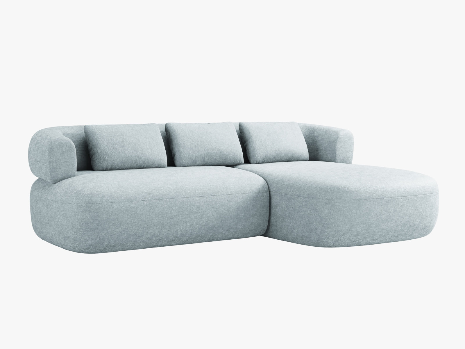 Elegantes Jenny Ecksofa rechts, 5-Sitzer in sanftem Hellblau, ideal für stilvolle Wohnräume. Hochwertige Verarbeitung von Micadoni.
