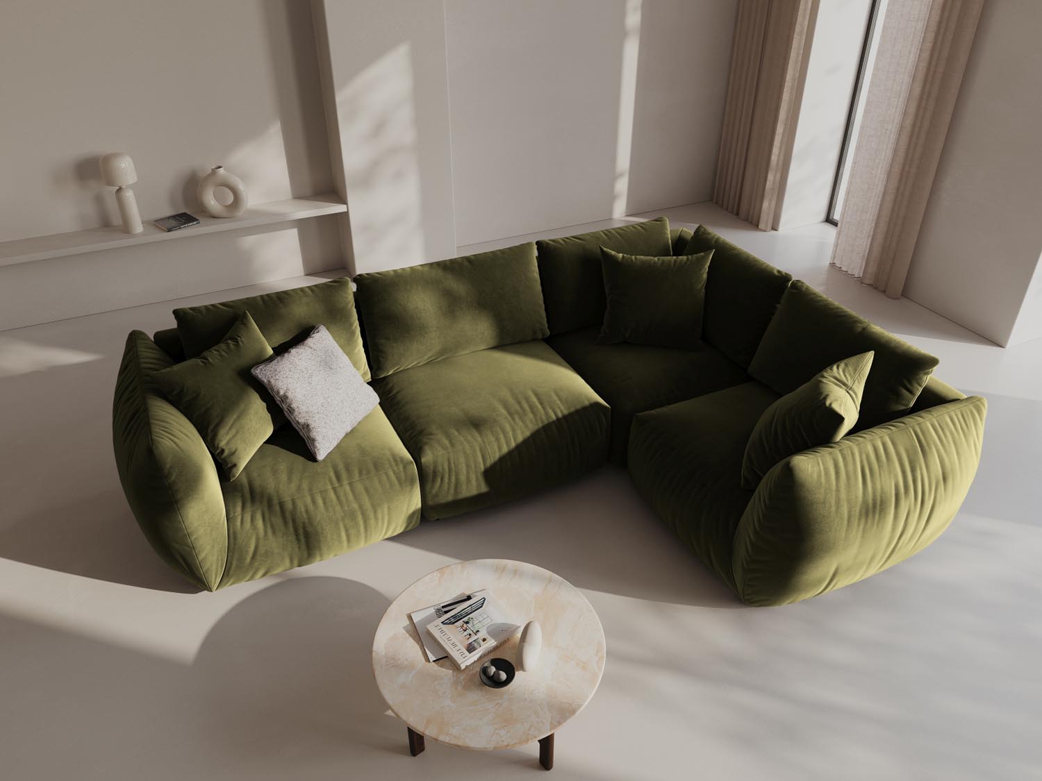Elegantes Chris Velour Ecksofa in sanftem Hellgrün, ideal für stilvolle Wohnräume. Komfortabel und modern, perfekt für entspannte Abende.