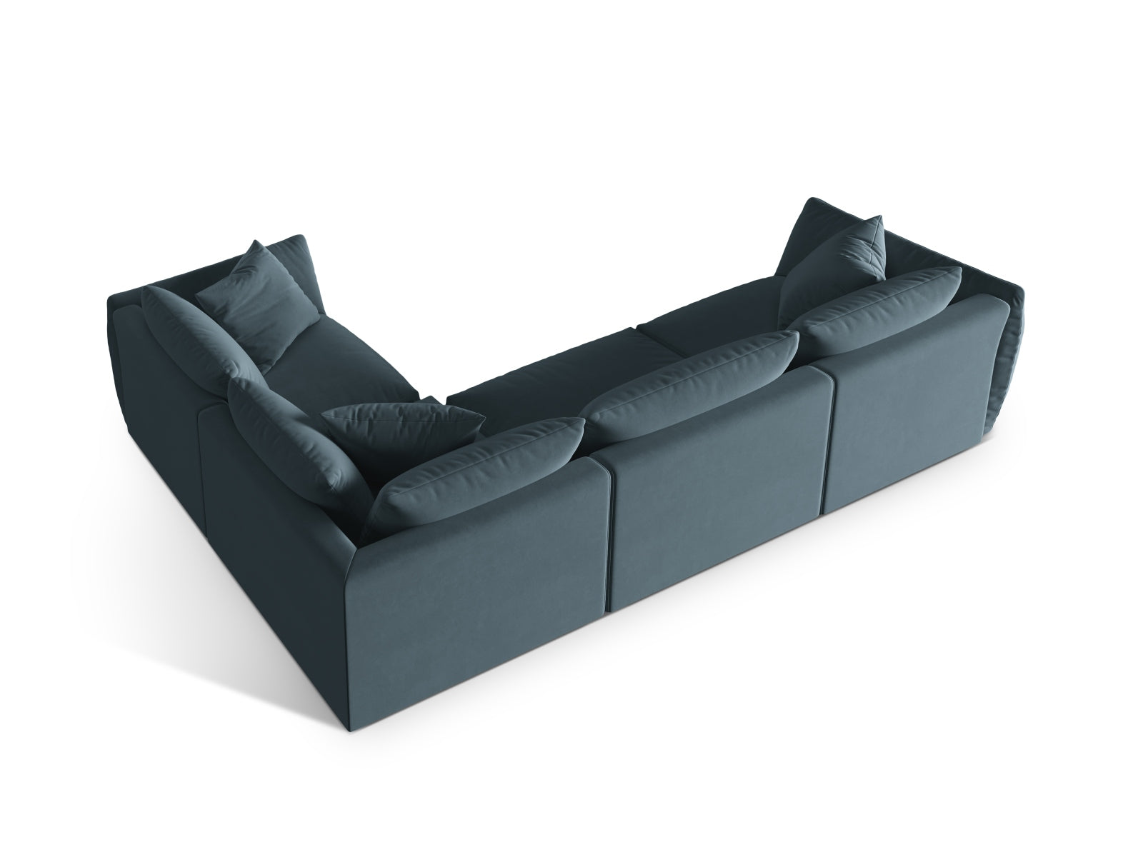Elegantes Chris Velour Ecksofa rechts in zartem Pastellblau, ideal für gemütliche Abende und stilvolle Wohnräume.