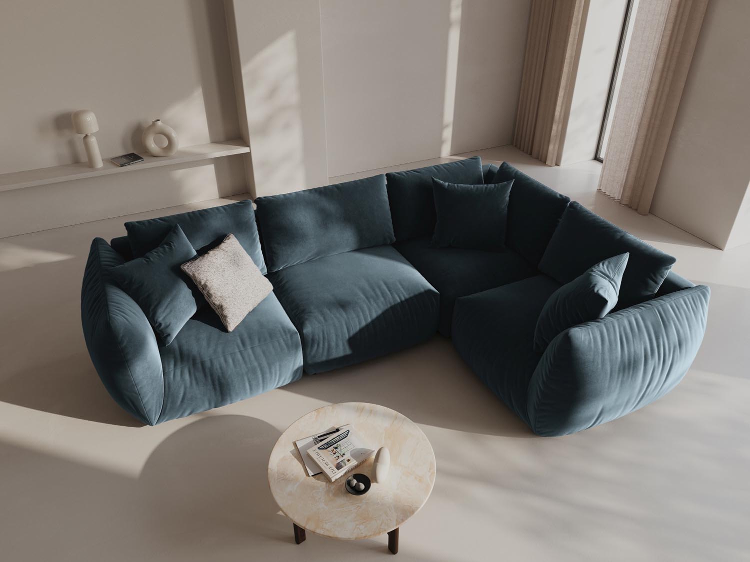 Elegantes Chris Velour Ecksofa rechts im stilvollen Pastellblau, ideal für moderne Wohnräume und gemütliche Abende.