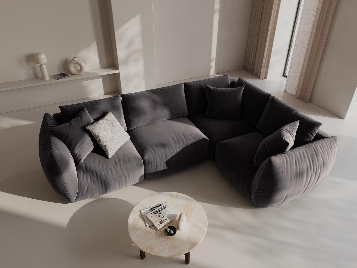 Stylisches Chris Velour Ecksofa in Dunkelgrau, ideal für moderne Wohnräume. Komfortables 4-Sitzer Design von Micadoni.