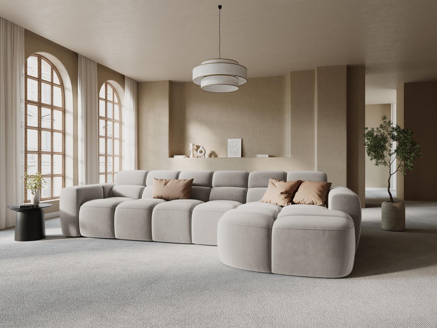 Erleben Sie das stilvolle Lisa Velour Ecksofa rechts von Micadoni. Dieses 4-Sitzer Sofa vereint modernen Komfort mit elegantem Design für Ihr Wohnzimmer.
