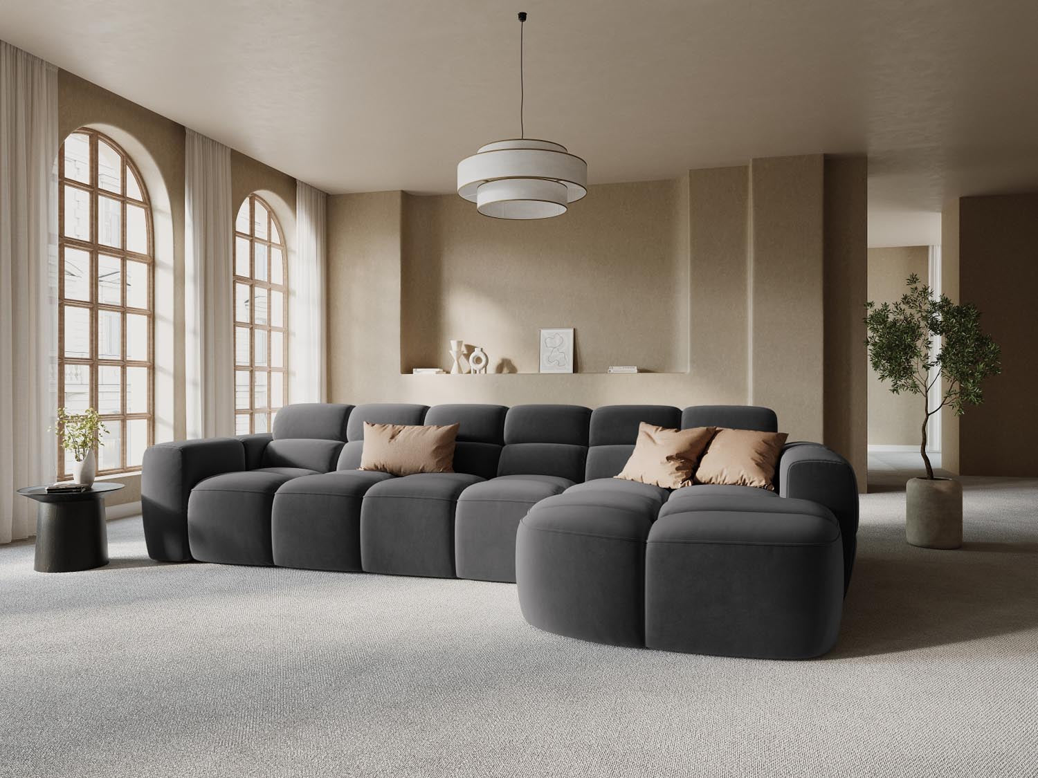 Erleben Sie das stilvolle Lisa Velour Ecksofa rechts von Micadoni. Dieses 4-Sitzer Sofa vereint modernen Komfort und elegantes Design für Ihr Wohnzimmer.