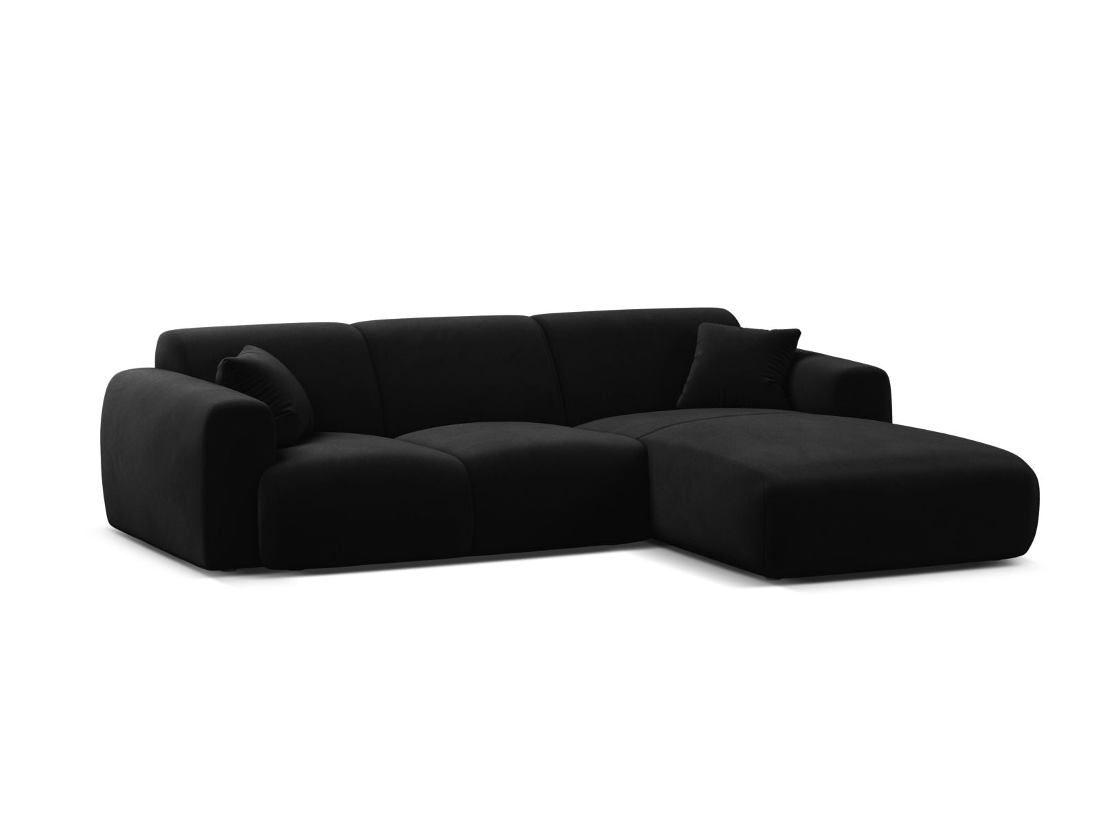 Elegantes Molino Velour Ecksofa rechts, 4-Sitzer in stilvollem Schwarz, ideal für moderne Wohnräume, erhältlich bei KAQTU Design AG.