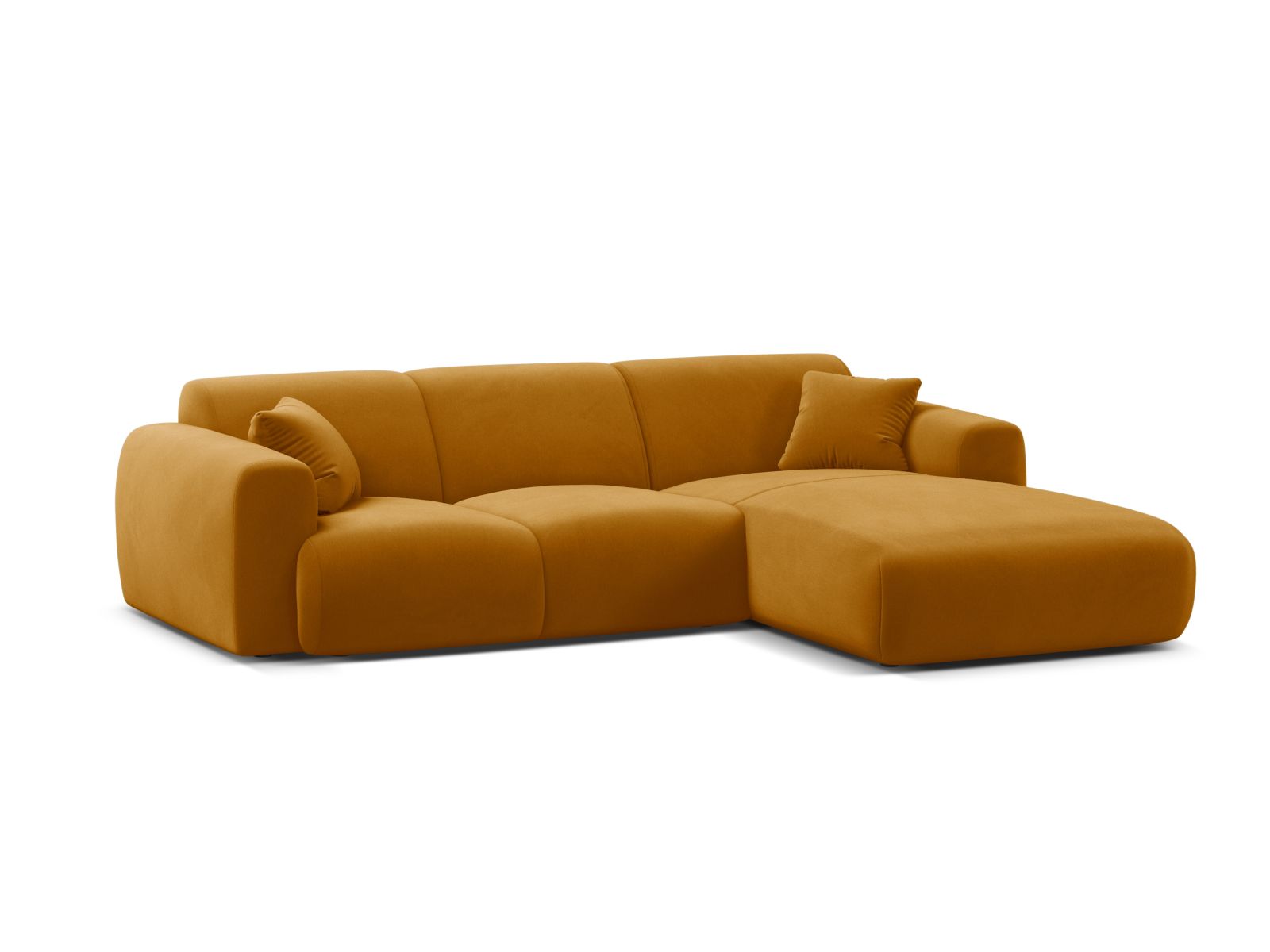 Elegantes Molino Velour Ecksofa in Gelb, 4-Sitzer, rechtsseitig, ideal für stilvolle Wohnräume, erhältlich bei KAQTU Design AG.