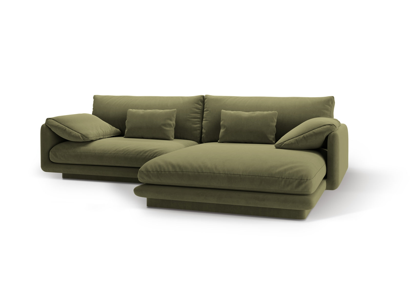 Elegantes Torino Velour Ecksofa in sanftem Grün, ideal für stilvolle Wohnräume. 4-Sitzer L-Sofa von Micadoni, mit rechter Armlehne.