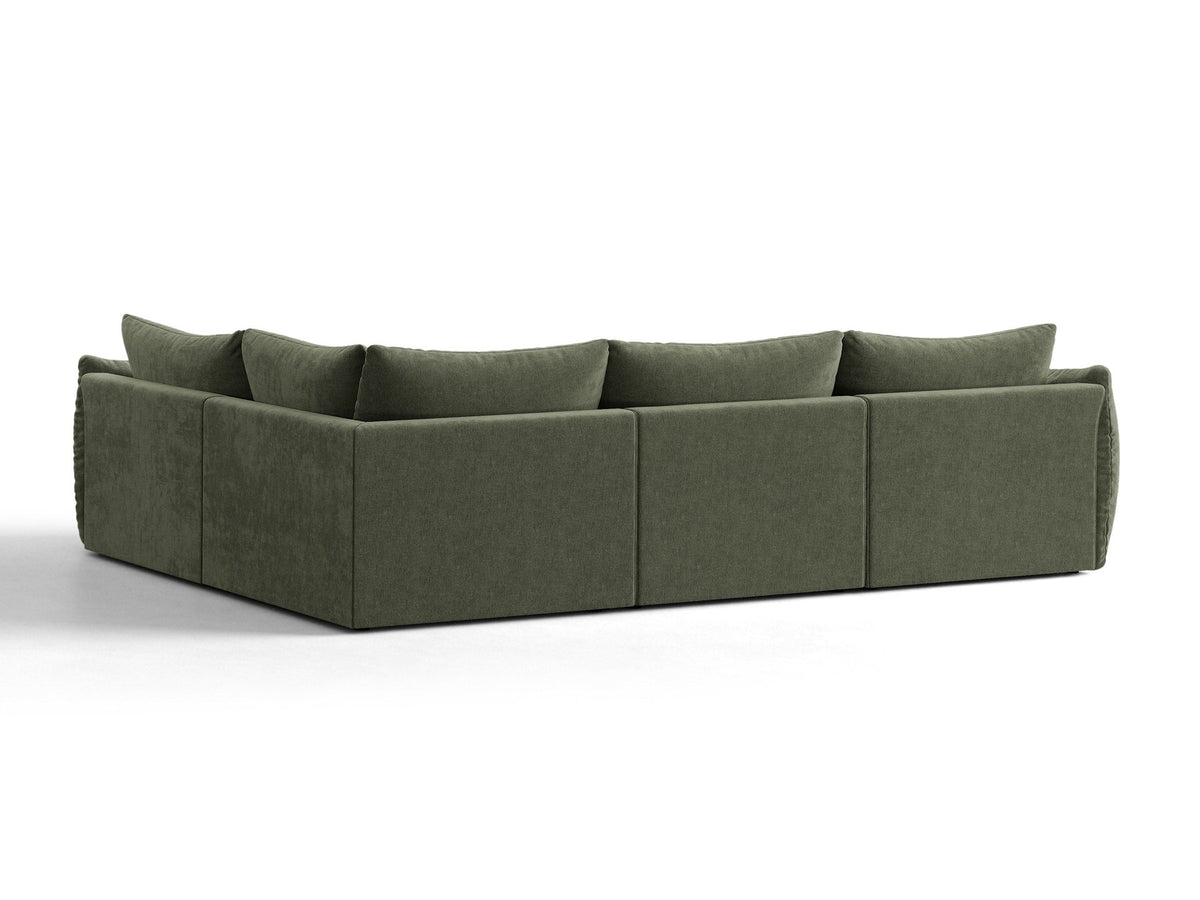 Ecksofa rechts Bloom von Micadoni in leichtem Beige, Veloursstoff Casino Pearl, schwarze Kunststoffbeine, moderne Polstermöbel-Form.