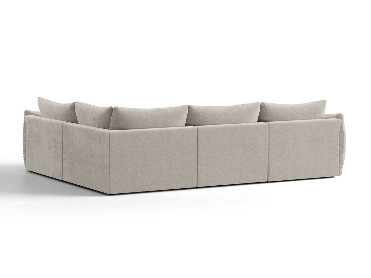 Ecksofa rechts Bloom von Micadoni in leichtem Beige, Veloursstoff Casino Pearl, schwarze Kunststoffbeine, moderne Polstermöbel-Form.