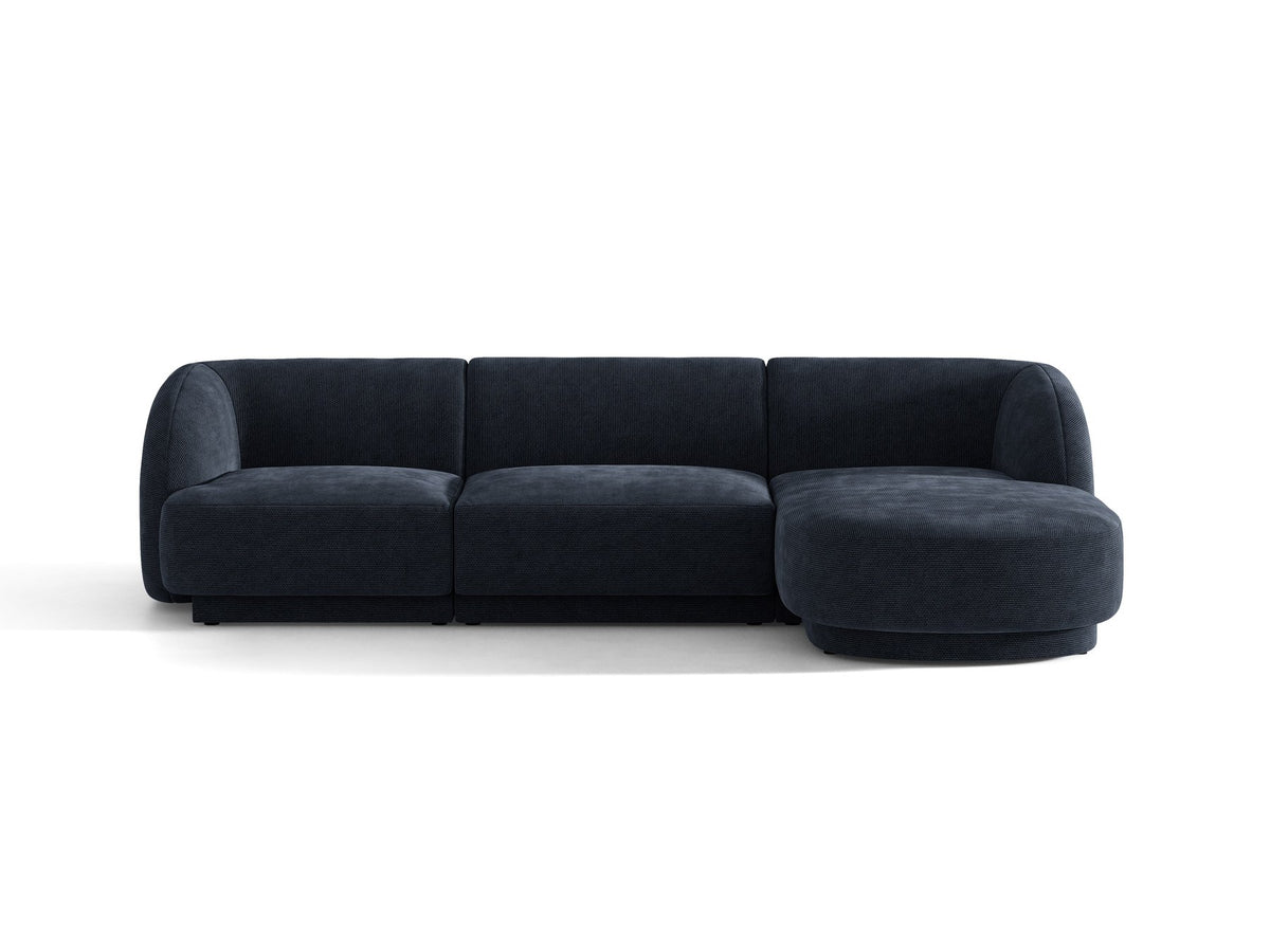 Dunkelbeiges L-Sofa Miley von Micadoni mit Bluvel-Stoffbezug, schwarzen Kunststoffbeinen und modularer Bauweise, rechts ausgerichtet.