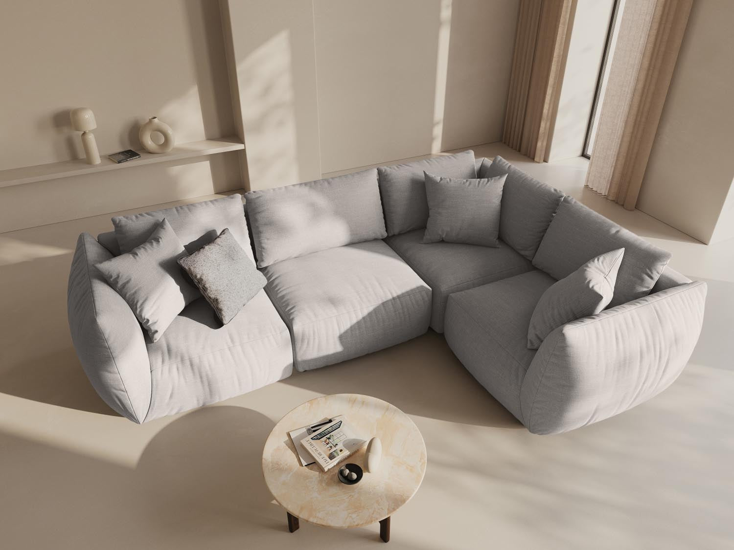 Elegantes Chris Ecksofa rechts, 4-Sitzer in stilvollem Natural-LINS, ideal für moderne Wohnräume und gemütliche Abende.