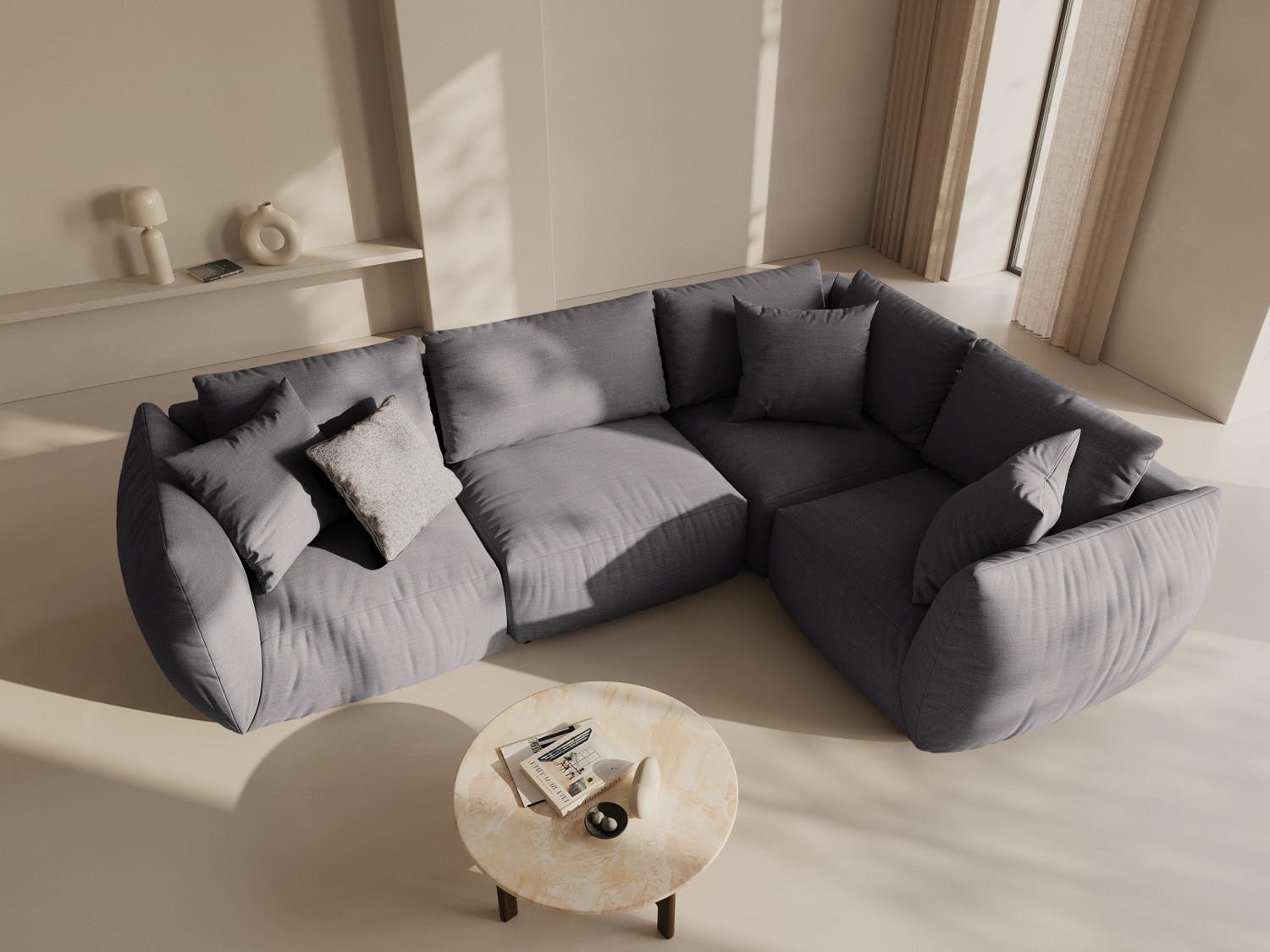 Elegantes Chris Ecksofa rechts, 4-Sitzer in Sand-LINS, ideal für stilvolle Wohnräume. Hochwertige Verarbeitung von Micadoni.