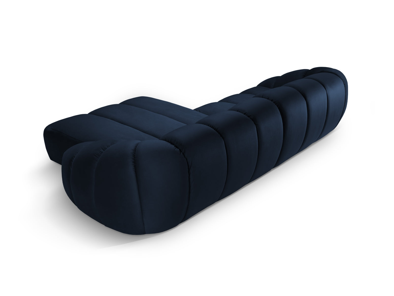 Modernes Diana Velour Ecksofa in Royal Blue, 4-Sitzer, rechtsseitig, perfekt für gemütliche und stilvolle Wohnlandschaften.