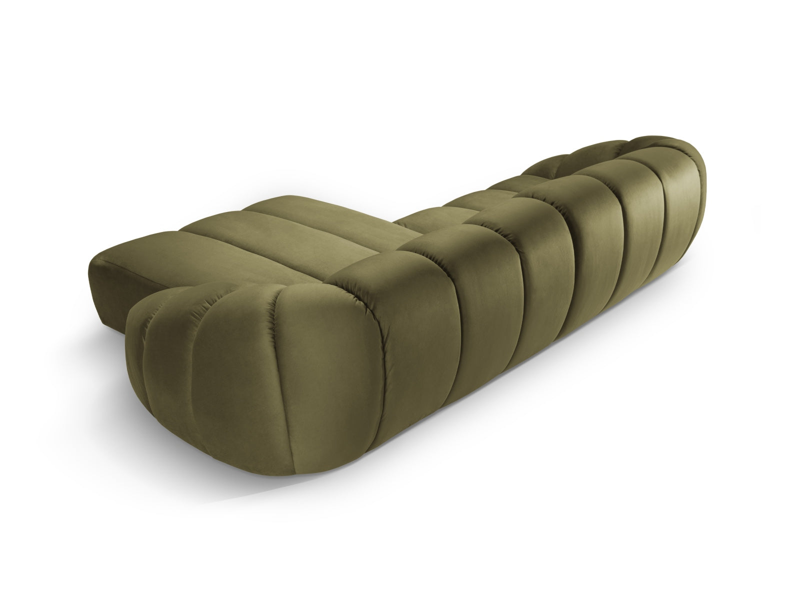 Modernes Diana Velour Ecksofa in edlem Grün, 4-Sitzer, rechtsseitig, perfekt für gemütliche und stilvolle Wohnambiente.