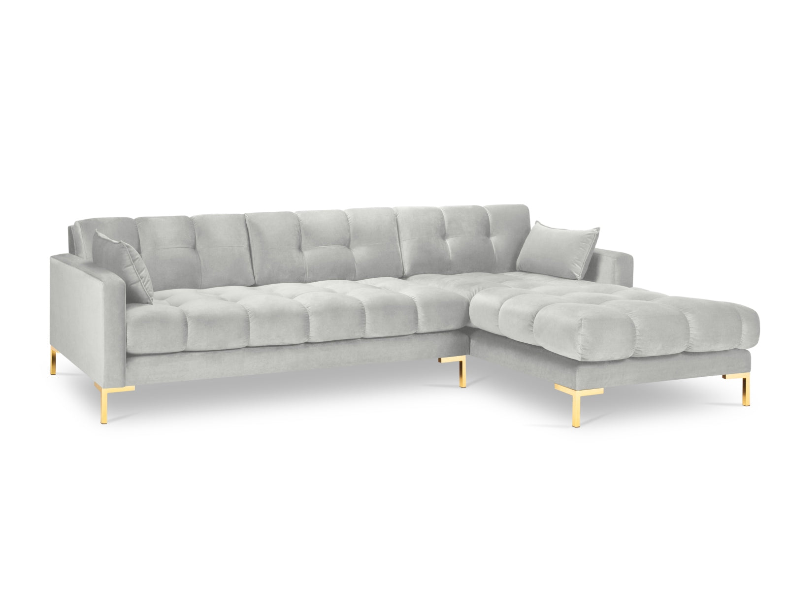 Erleben Sie das Mamaia Velour Ecksofa rechts von Micadoni – ein 5-Sitzer, der Stil, Komfort und Funktionalität vereint und Ihr Wohnzimmer aufwertet.