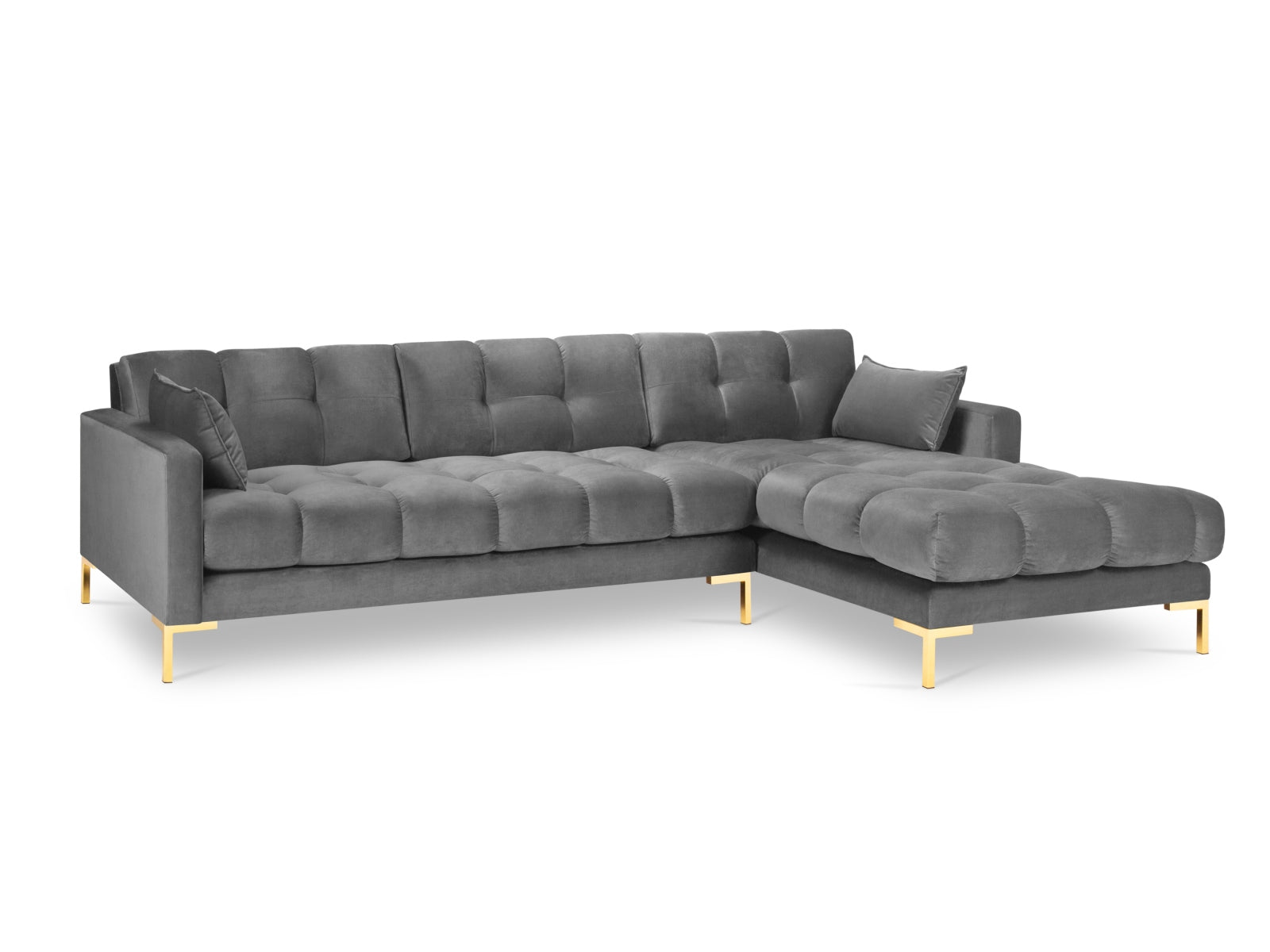 Erleben Sie das Mamaia Velour Ecksofa rechts von Micadoni – ein 5-Sitzer, der Stil, Komfort und Funktionalität vereint und Ihr Wohnzimmer aufwertet.