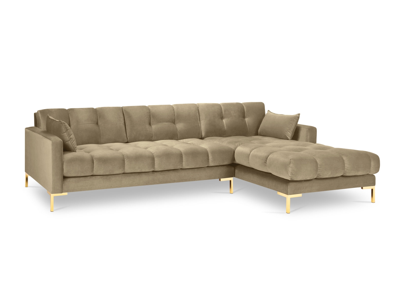 Erleben Sie das Mamaia Velour Ecksofa rechts von Micadoni – ein 5-Sitzer, der Stil, Komfort und Funktionalität vereint und Ihr Wohnzimmer aufwertet.