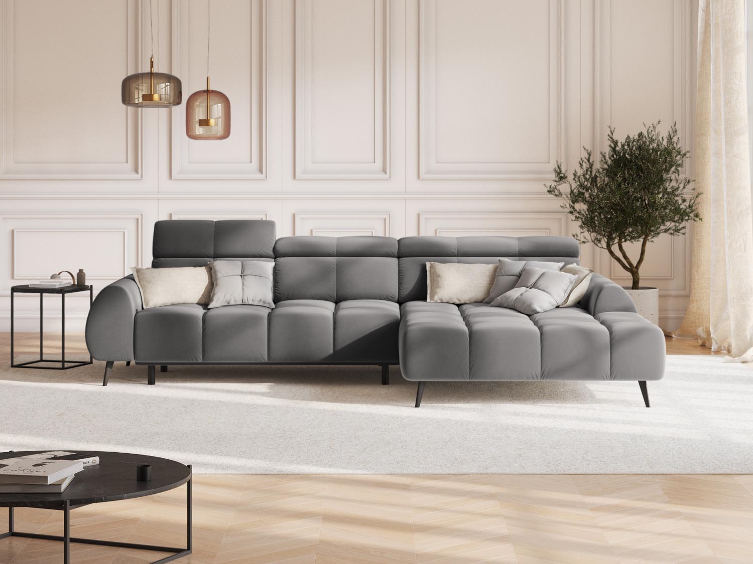 Erleben Sie das Alyse Velour Electric Ecksofa rechts von Micadoni – ein elegantes 5-Sitzer Sofa, das modernen Stil und höchsten Komfort vereint.