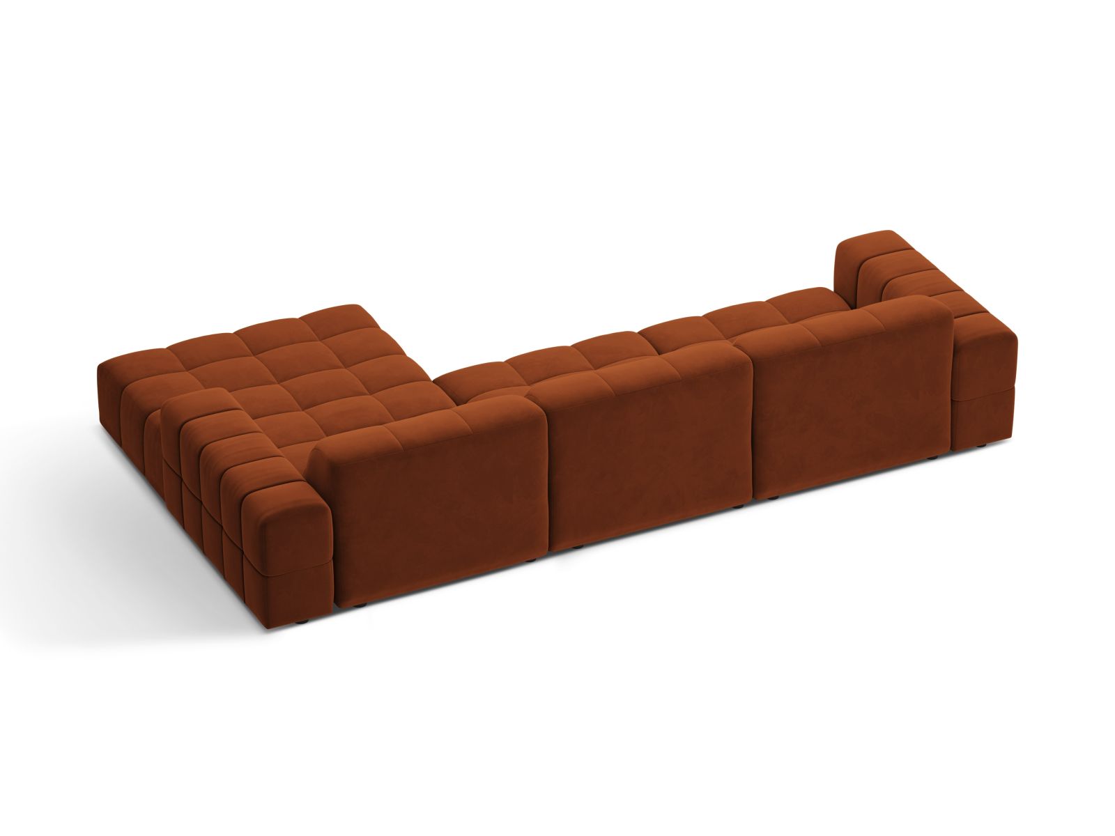Elegantes 4-Sitzer Ecksofa Jennifer in warmem Terracotta-Bluvel, ideal für entspannte Stunden und stilvolle Einrichtungsideen.