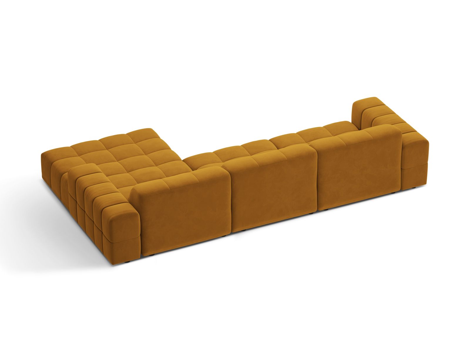 Modernes 4-Sitzer Ecksofa rechts Jennifer in leuchtendem Gelb-Bluvel, ideal für gemütliche Abende und stilvolle Einrichtung.