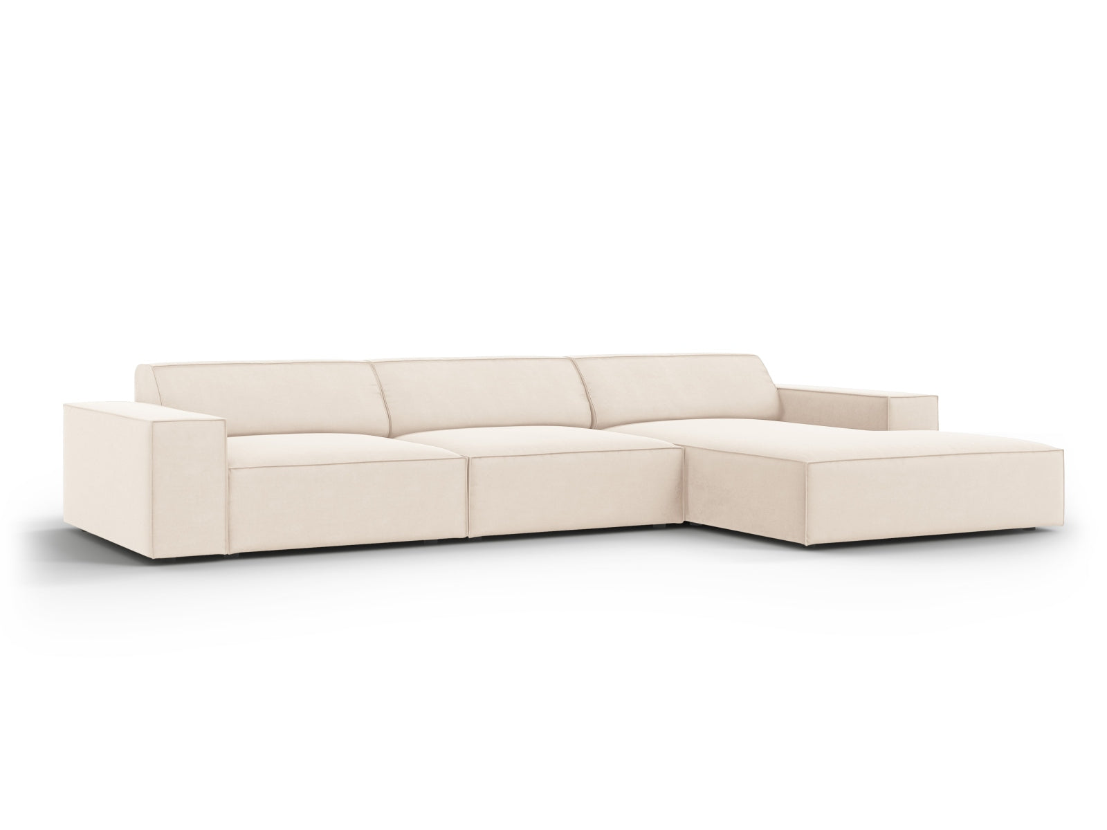 Modulares Ecksofa Jodie Velour in hellem Beige, 4-Sitzer, rechts, vereint Komfort und modernes Design für einladende Wohnräume.