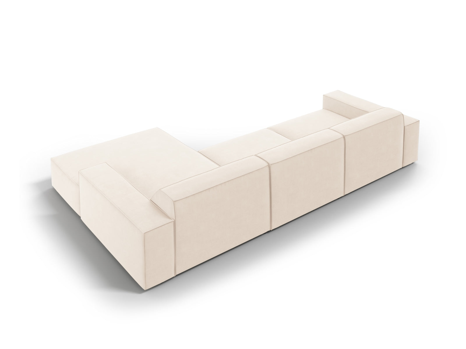 Modulares Ecksofa Jodie Velour in zartem Beige, 4-Sitzer, rechts, perfekt für moderne Wohnräume und entspannte Stunden.