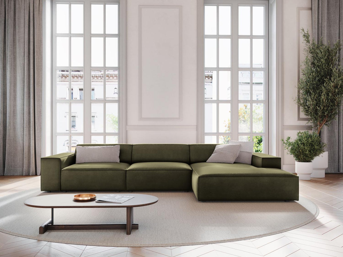 Jodie Velour modulares Ecksofa rechts 4 Sitzer in Green-Bluvel präsentiert im Onlineshop von KAQTU Design AG. L-Sofa rechts ist von Micadoni