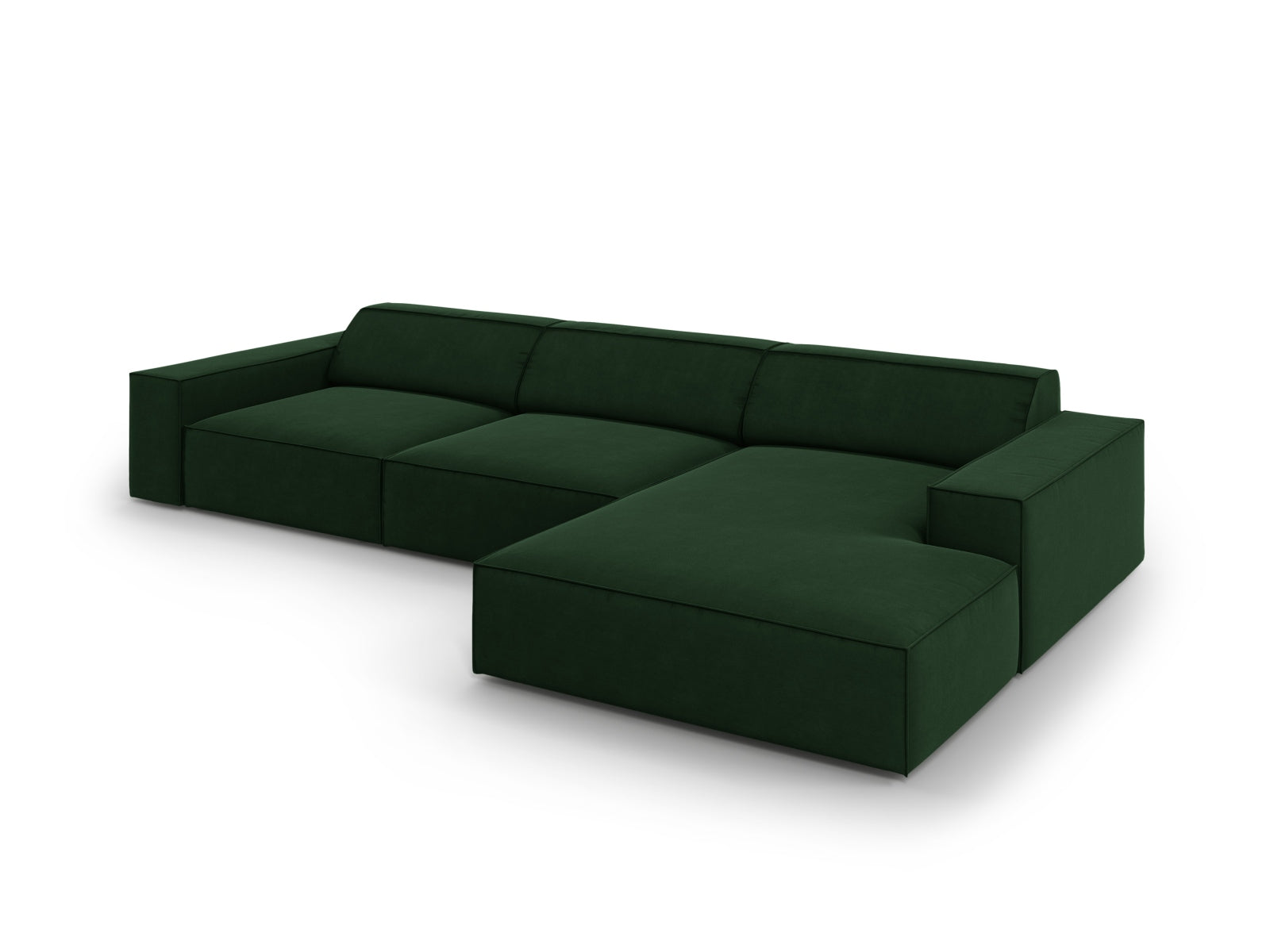 Elegantes, modulares Ecksofa Jodie in edlem Bottle Green-Bluvel, ideal für stilvolle Wohnräume. Komfortables 4-Sitzer-Design von Micadoni.