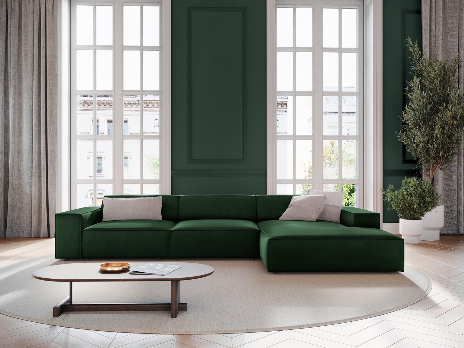 Elegantes, modulares Ecksofa Jodie in edlem Bottle Green-Bluvel, ideal für stilvolle Wohnräume. Komfortables 4-Sitzer-Design von Micadoni.