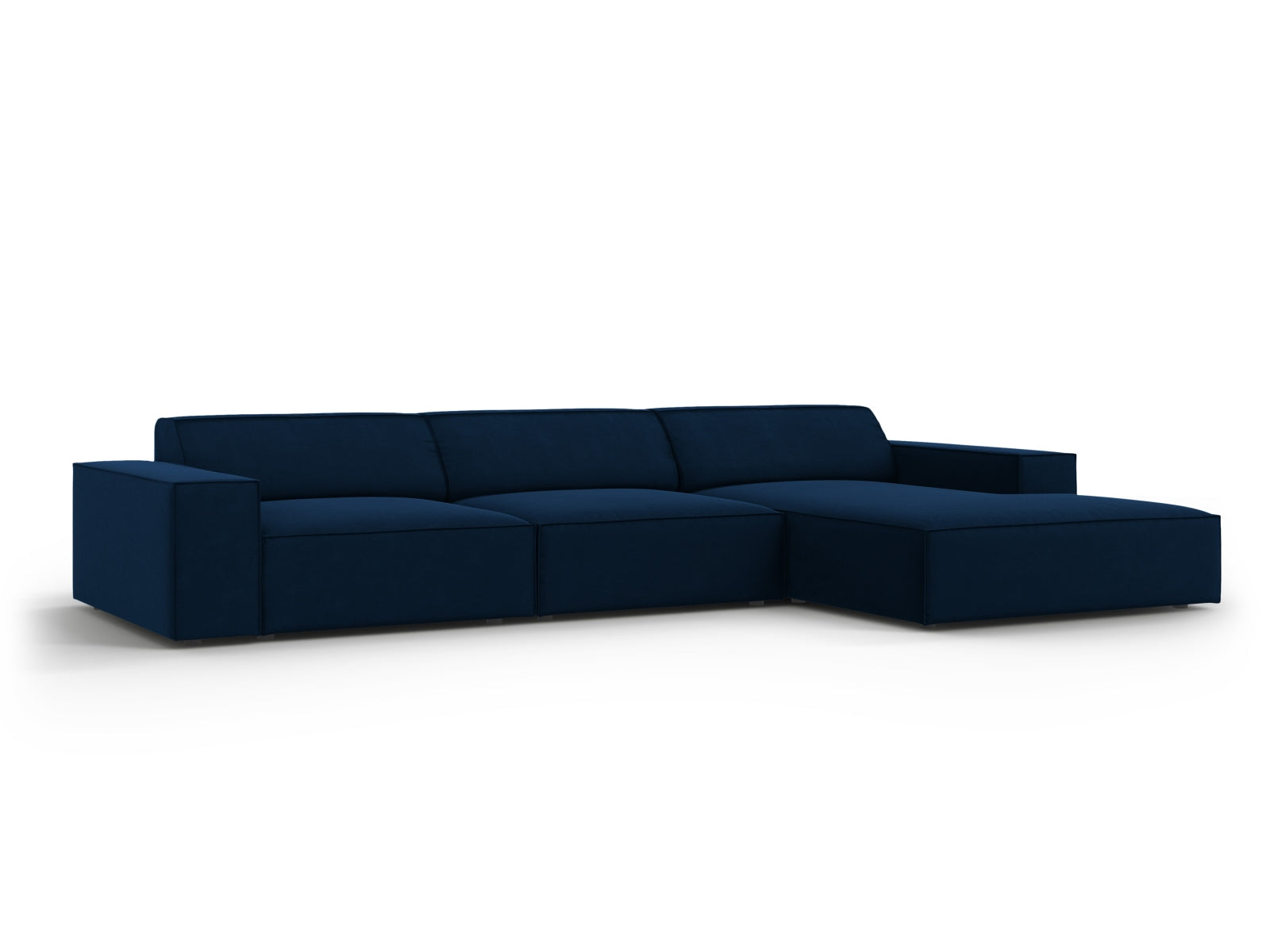 Modulares Ecksofa Jodie in Royal Blue, 4-Sitzer mit luxuriösem Velourbezug, perfekt für moderne Wohnkonzepte und gemütliche Abende.