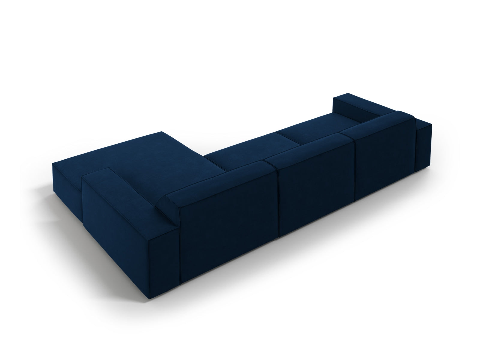 Modulares Ecksofa Jodie in Royal Blue, 4-Sitzer aus luxuriösem Velour, perfekt für moderne Wohnzimmer und gemütliche Abende.