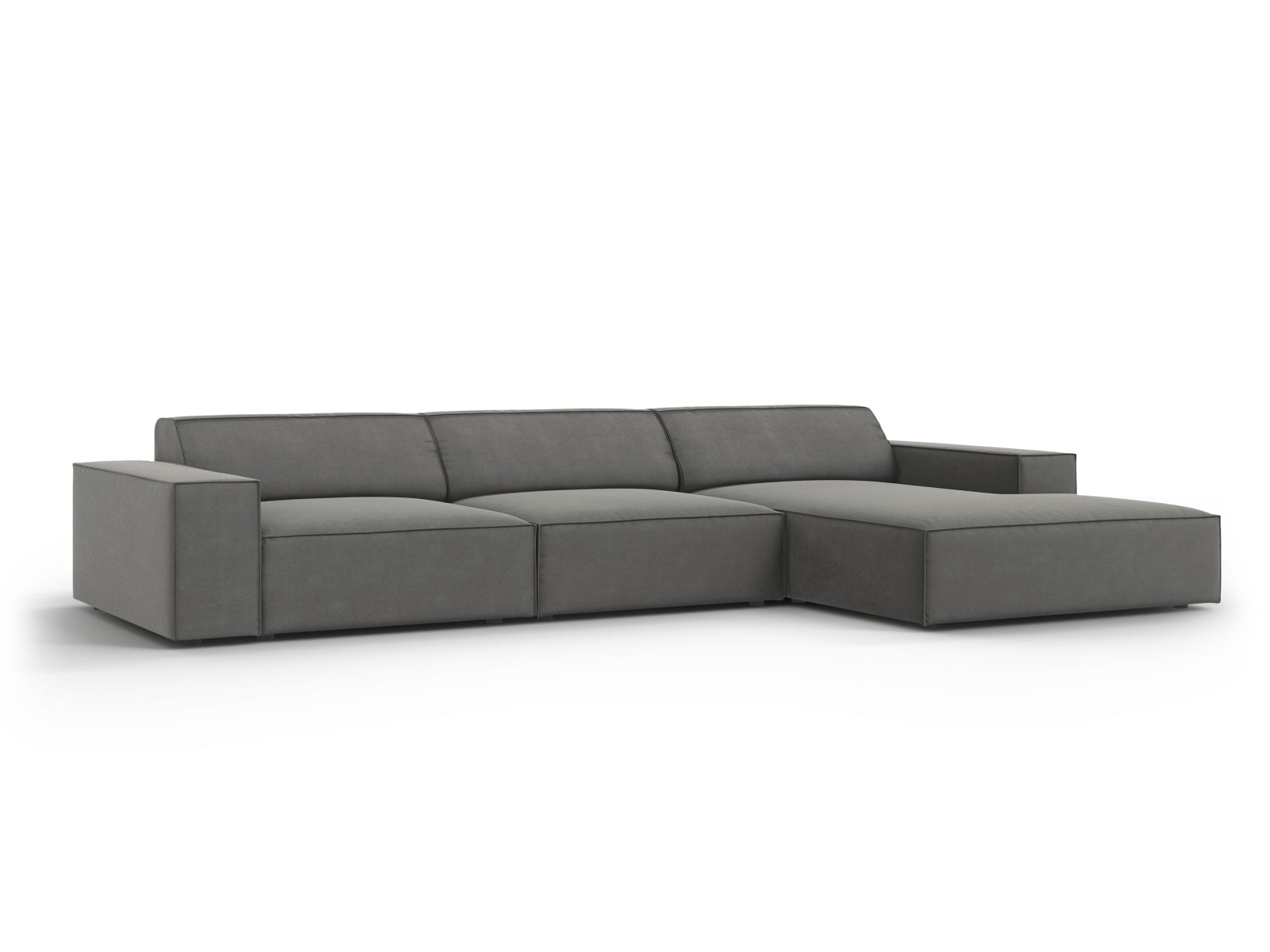 Modulares Ecksofa Jodie Velour in sanftem Hellgrau, bietet Komfort und Stil für Ihr Zuhause. Ideal für gesellige Runden und entspannte Momente.