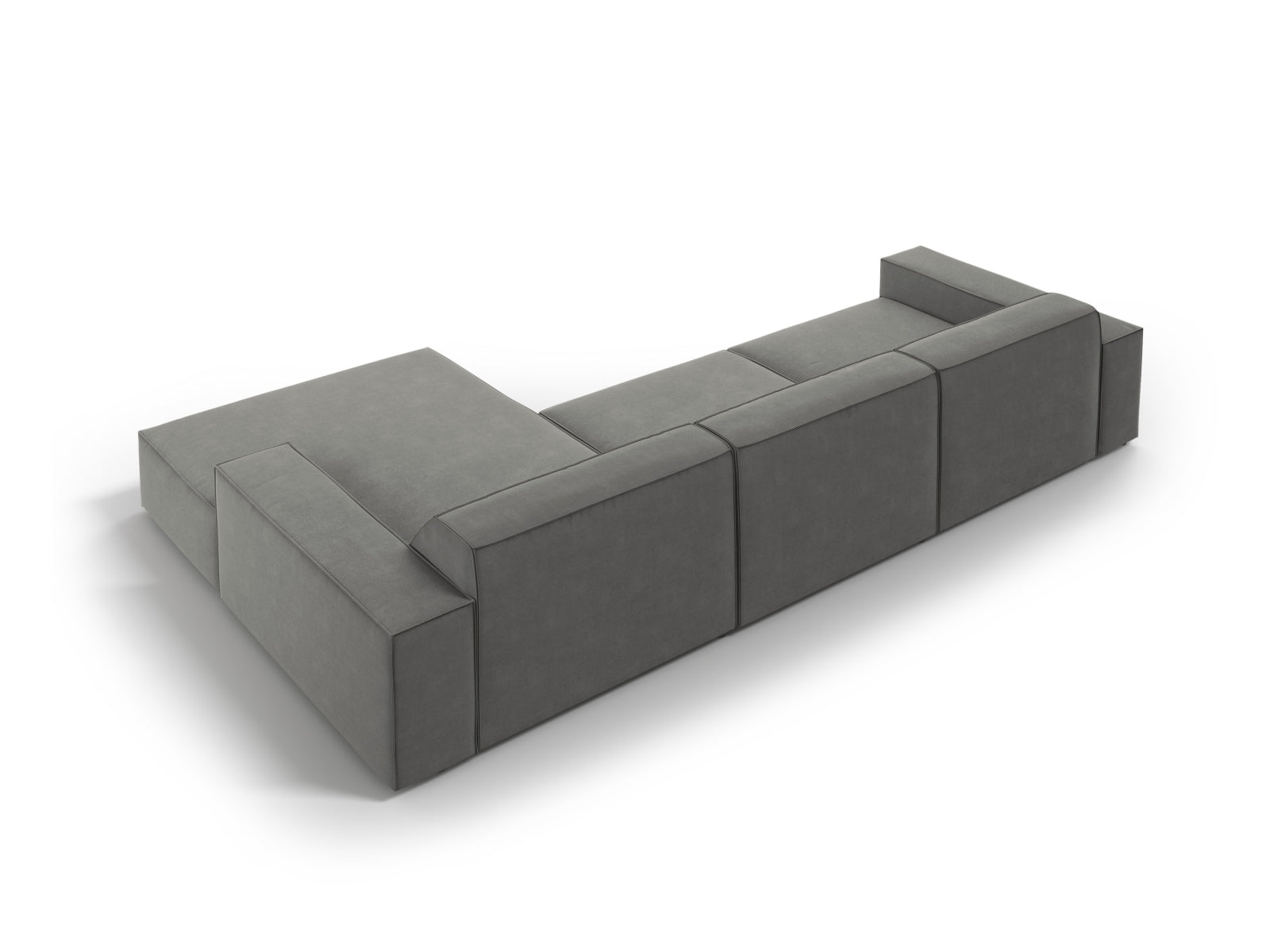 Modulares Ecksofa Jodie Velour in sanftem Grau, ideal für moderne Wohnzimmer und gemütliche Zusammenkünfte, bietet Komfort und Stil.