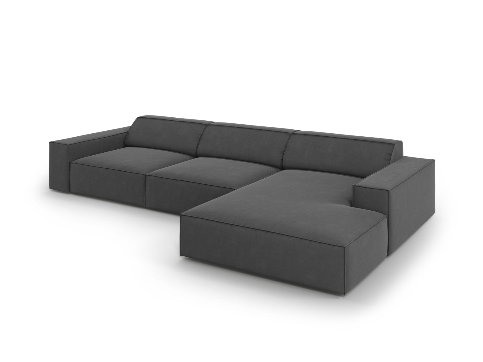 Elegantes, modulares Ecksofa Jodie Velour in stilvollem Grau-Blau, 4-Sitzer, rechtsseitig, ideal für stilvolle Wohnräume und entspannte Abende.