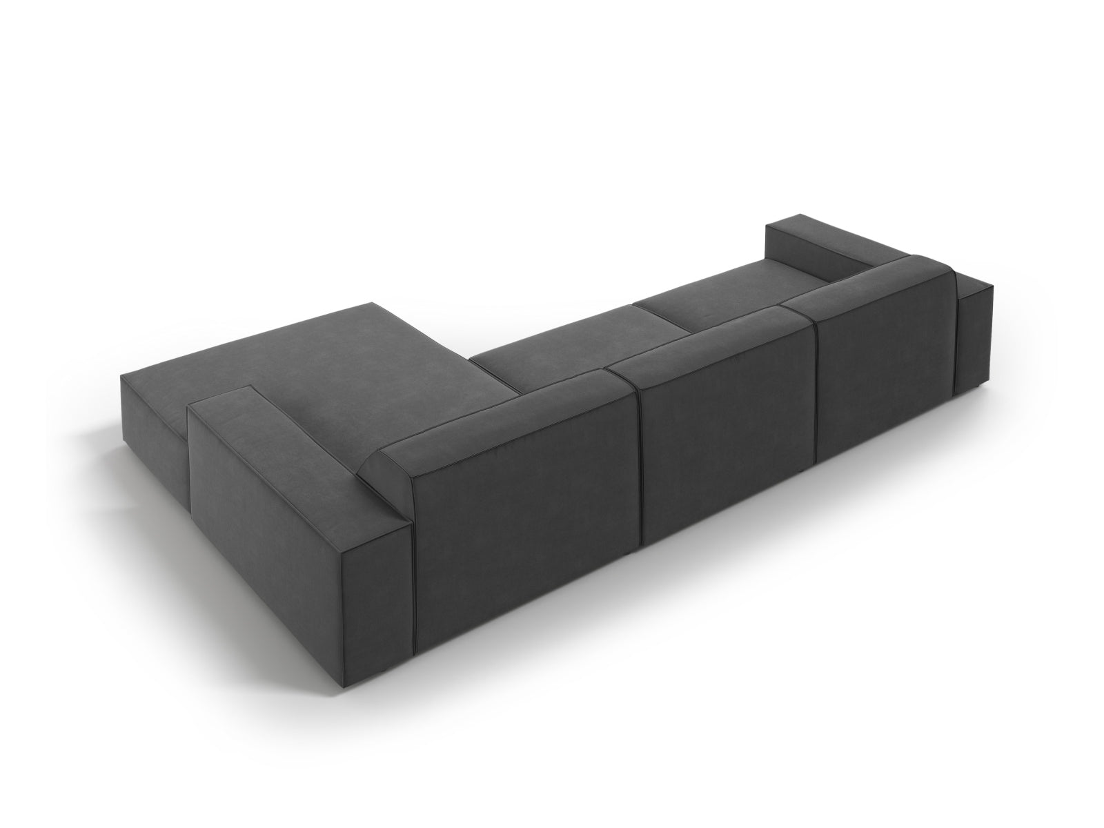 Modulares Ecksofa Jodie Velour in modernem Grau-Blau, 4-Sitzer, rechtsseitig, perfekt für gemütliche Abende und stilvolle Einrichtung.