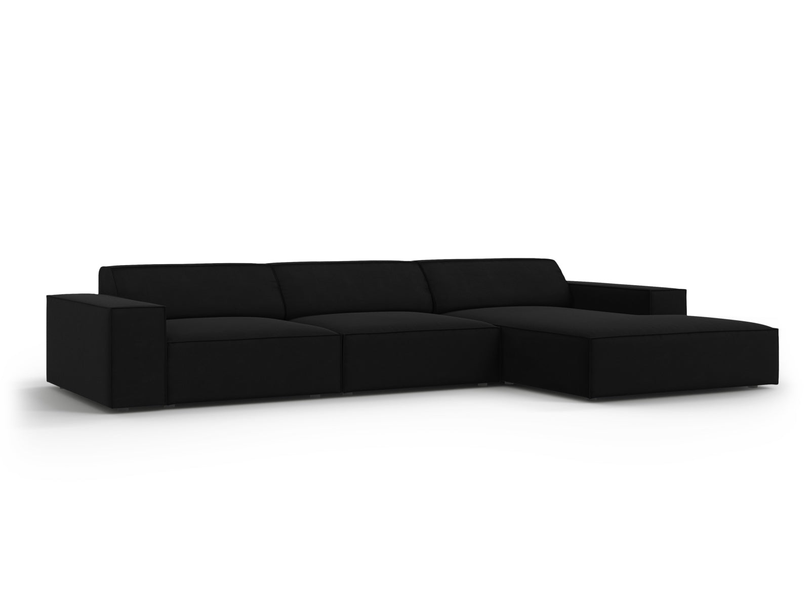 Modernes Jodie Velour Ecksofa in Schwarz-Bluvel, 4-Sitzer, rechtsseitig, perfekt für gemütliche und stilvolle Wohnbereiche.