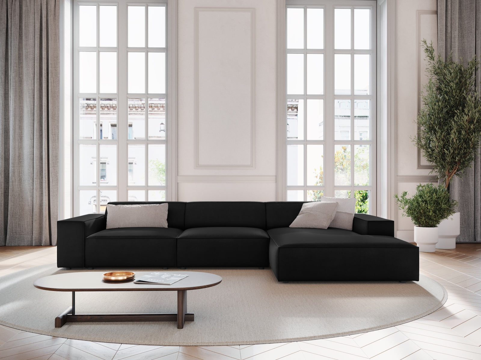 Entdecken Sie das elegante Jodie Velour Ecksofa rechts von Micadoni – ein 4-Sitzer, der Komfort und Stil in Ihr Wohnzimmer bringt.