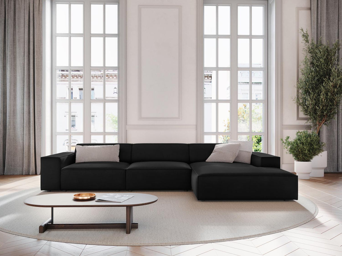 Jodie Velour modulares Ecksofa rechts 4 Sitzer in Black-Bluvel präsentiert im Onlineshop von KAQTU Design AG. L-Sofa rechts ist von Micadoni