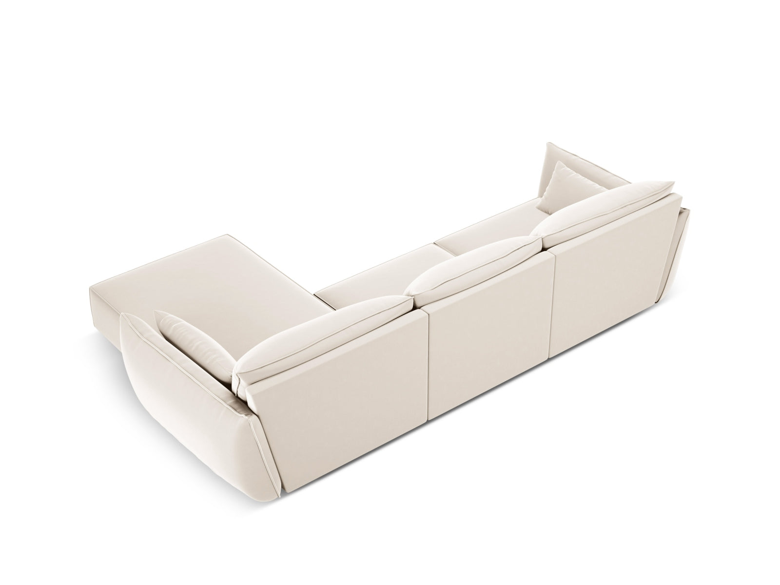 Stylisches Kaelle Velour Ecksofa in sanftem Beige, 4-Sitzer, perfekt für moderne Wohnzimmer, erhältlich bei Micadoni.