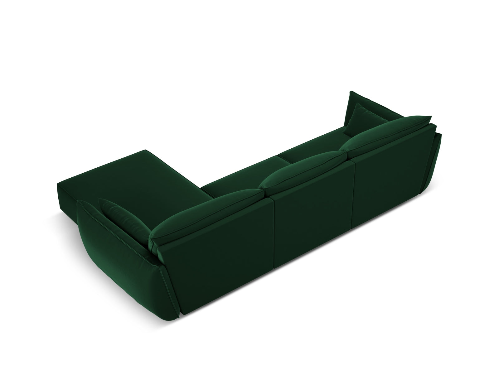 Luxuriöses Kaelle Velour Ecksofa in tiefem Flaschengrün, 4-Sitzer, rechtsseitig, perfektes Möbelstück für ein modernes Wohnambiente.