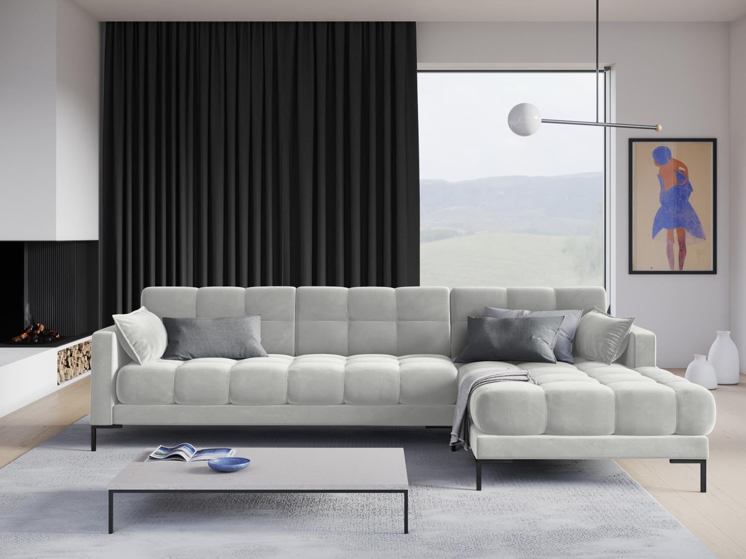 Elegantes Mamaia Velour Ecksofa in Silber und Schwarz-Bluvel, ideal für stilvolle Wohnräume. 5-Sitzer mit modernem Design von Micadoni.