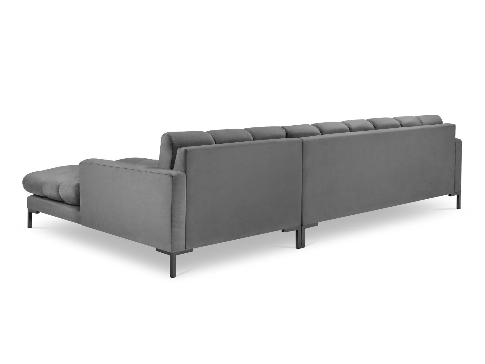 Elegantes Mamaia Velour Ecksofa in Hellgrau und Schwarz-Bluvel, 5-Sitzer, ideal für gemütliche und moderne Wohnambiente von Micadoni.