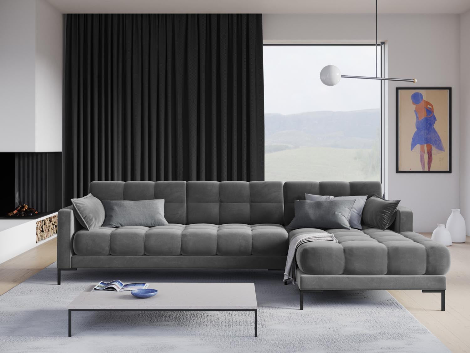 Elegantes Mamaia Velour Ecksofa in Hellgrau und Schwarz-Bluvel, ideal für stilvolle Wohnräume. 5-Sitzer mit modernem Design von Micadoni.