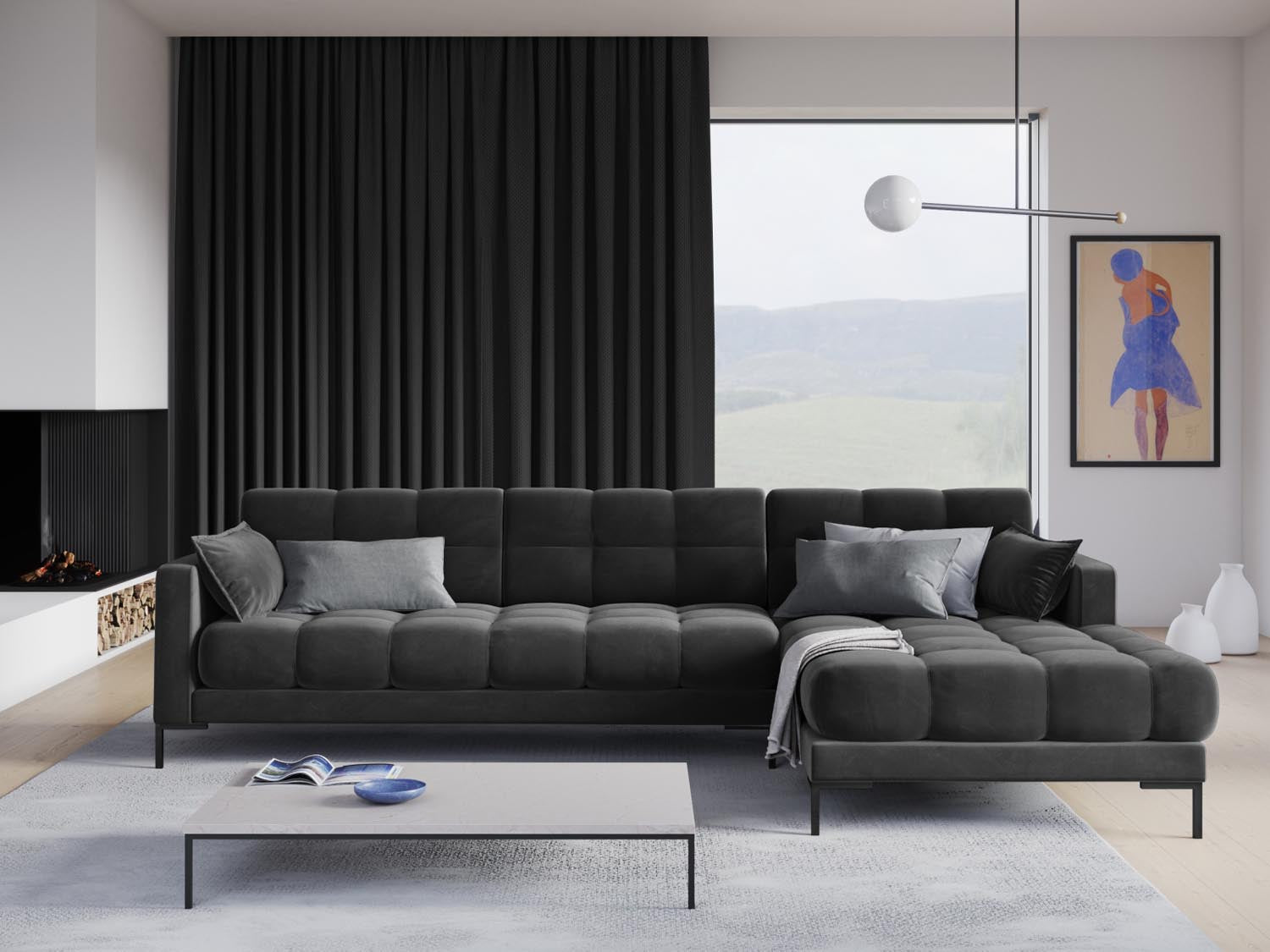 Elegantes Mamaia Velour Ecksofa in Dunkelgrau, 5-Sitzer, ideal für stilvolle Wohnräume, präsentiert von Micadoni.
