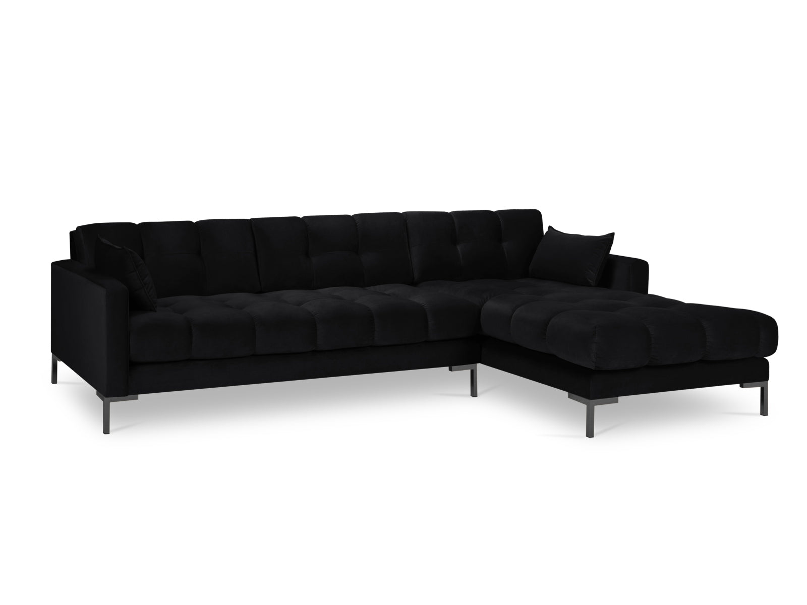 Modernes Mamaia Velour Ecksofa in edlem Schwarz, 5-Sitzer, perfekt für gemütliche Wohnzimmer. Hochwertige Qualität von Micadoni.