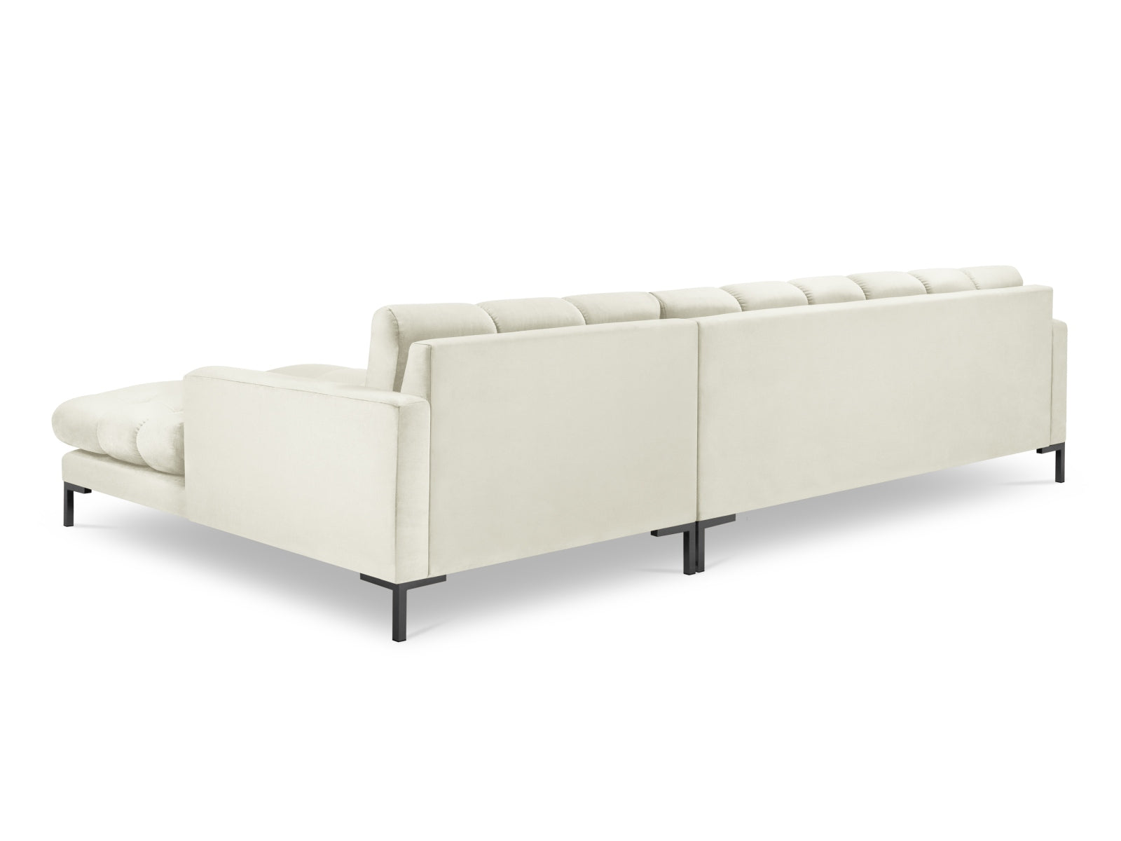 Elegantes Mamaia Velour Ecksofa in harmonischen Beige- und Schwarz-Bluvel-Farben, ideal für stilvolle Wohnräume. 5-Sitzer von Micadoni.
